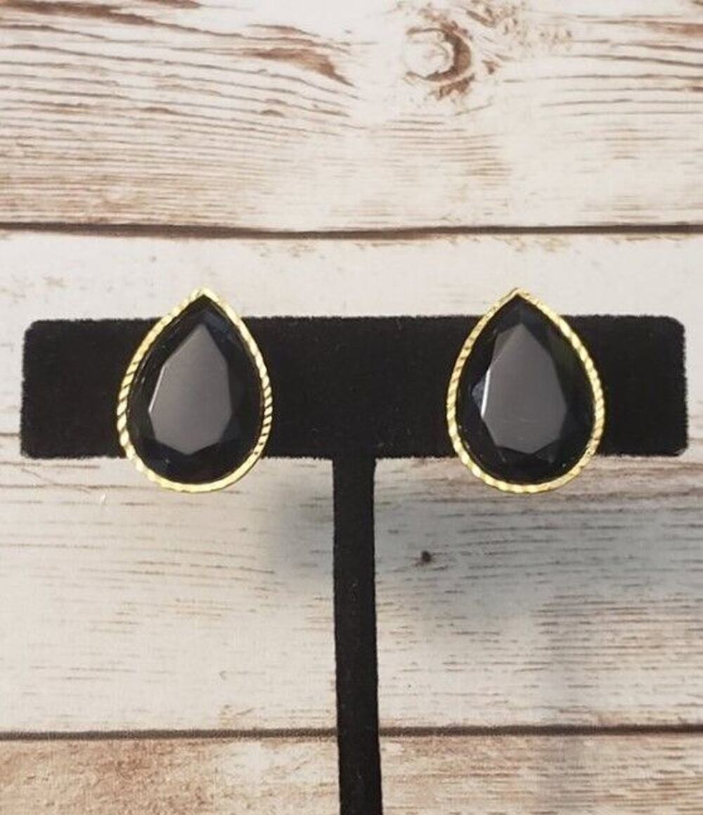 Vintage Clip On Earrings Faceted Black Gem, Gold Tone Halo Teardrop Shape